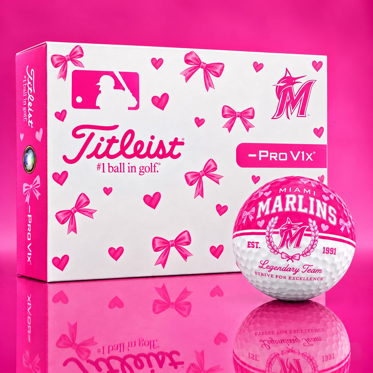 MIA X Ladies Custom MLB Pink Coquette Golf Balls – Premium Titleist Pro V1x Gift Set