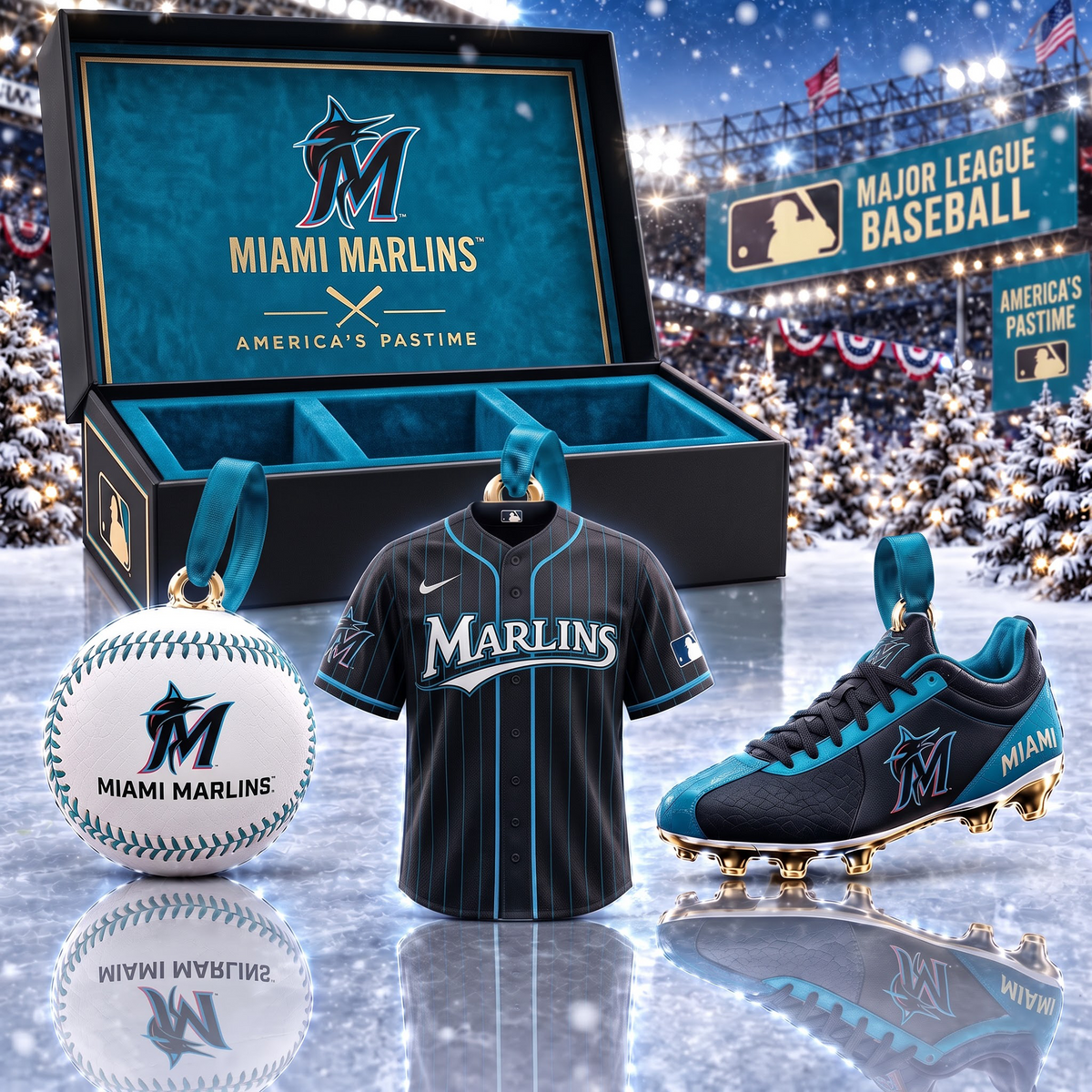 MIA X MLB Holiday Collector Ornament Box - 3-Piece Baseball Ornament Set