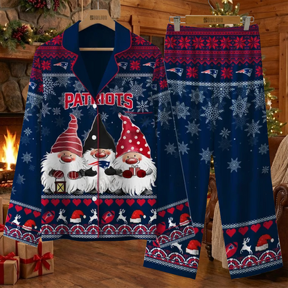 NE X NFL Unique 3 Gnomes Art Design For The 2025 Holiday Season Satin Pajamas Set