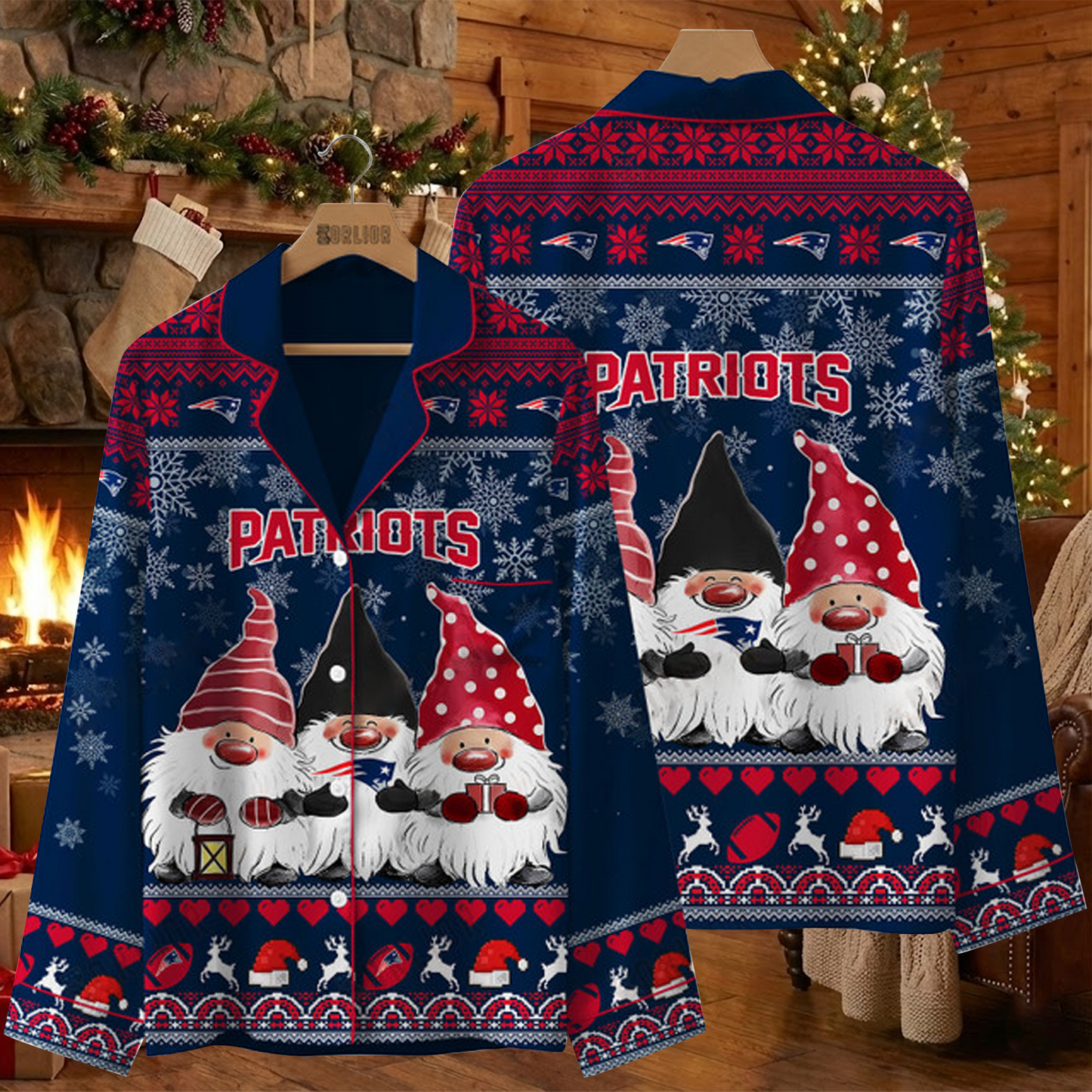 NE X NFL Unique 3 Gnomes Art Design For The 2025 Holiday Season Satin Pajamas Set