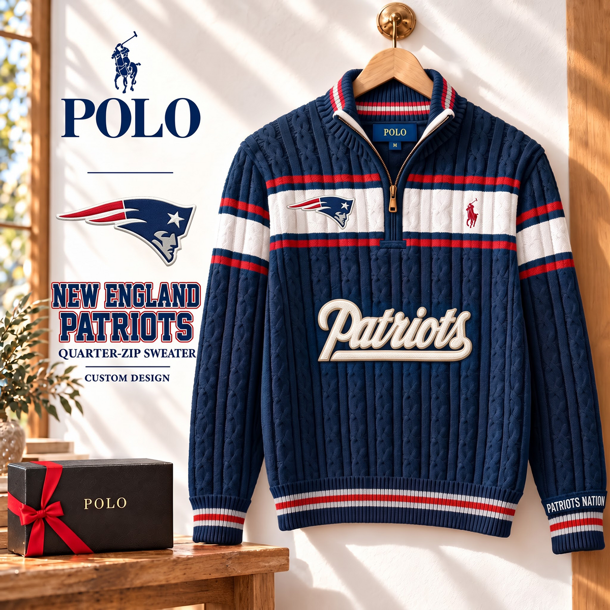NE X PREMIUM NFL Varsity Cable-Knit Quarter-Zip Sweater