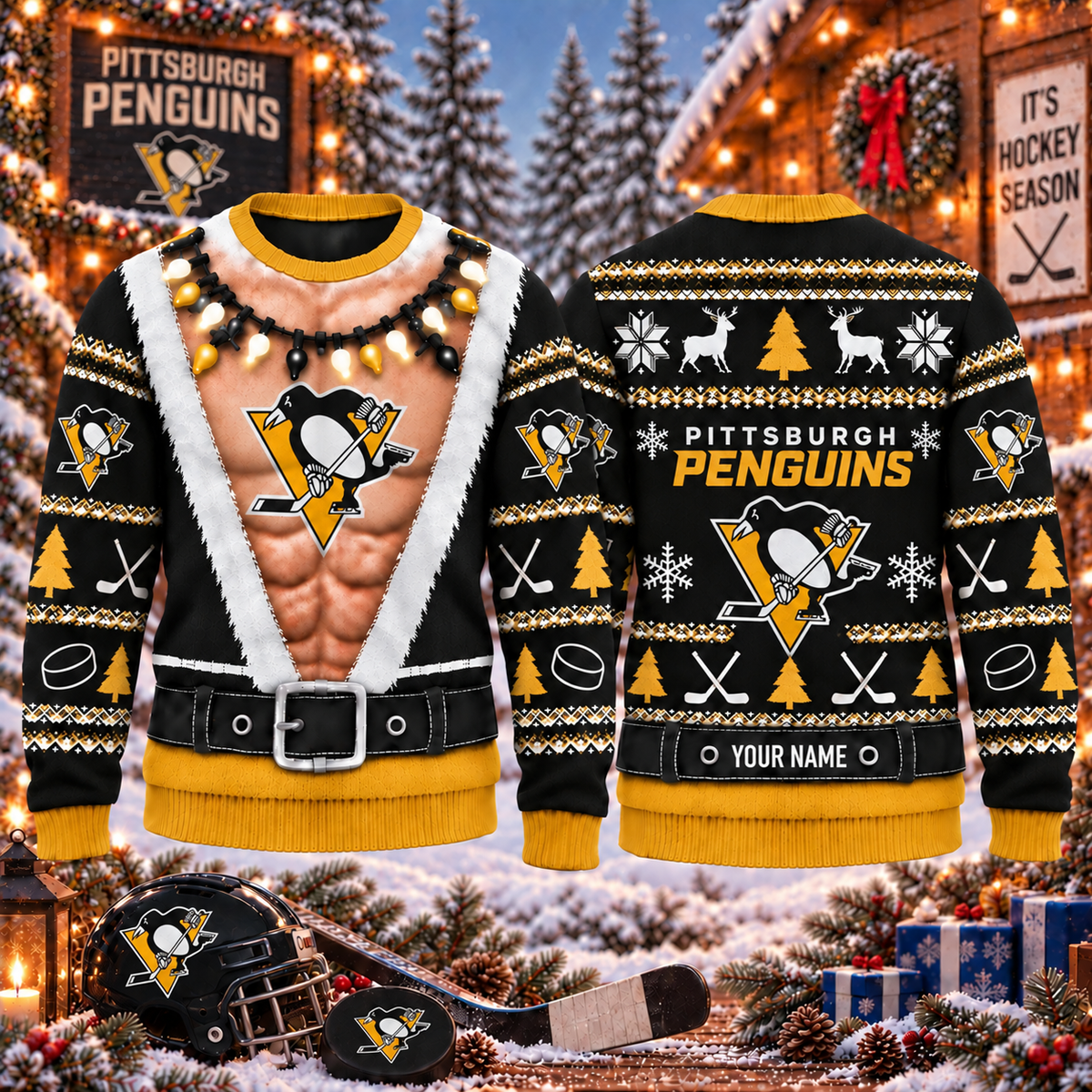 NHL x PIT Christmas Personalized Name Ugly Sweater