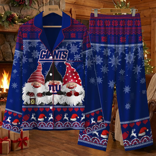 NYG X NFL Unique 3 Gnomes Art Design For The 2025 Holiday Season Satin Pajamas Set