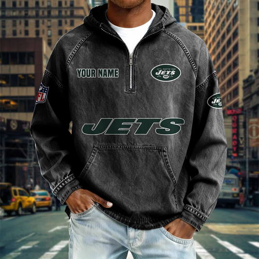 NYJ x NFL Denim Long - Sleeved Hooded Sweatshirt DDT NTL