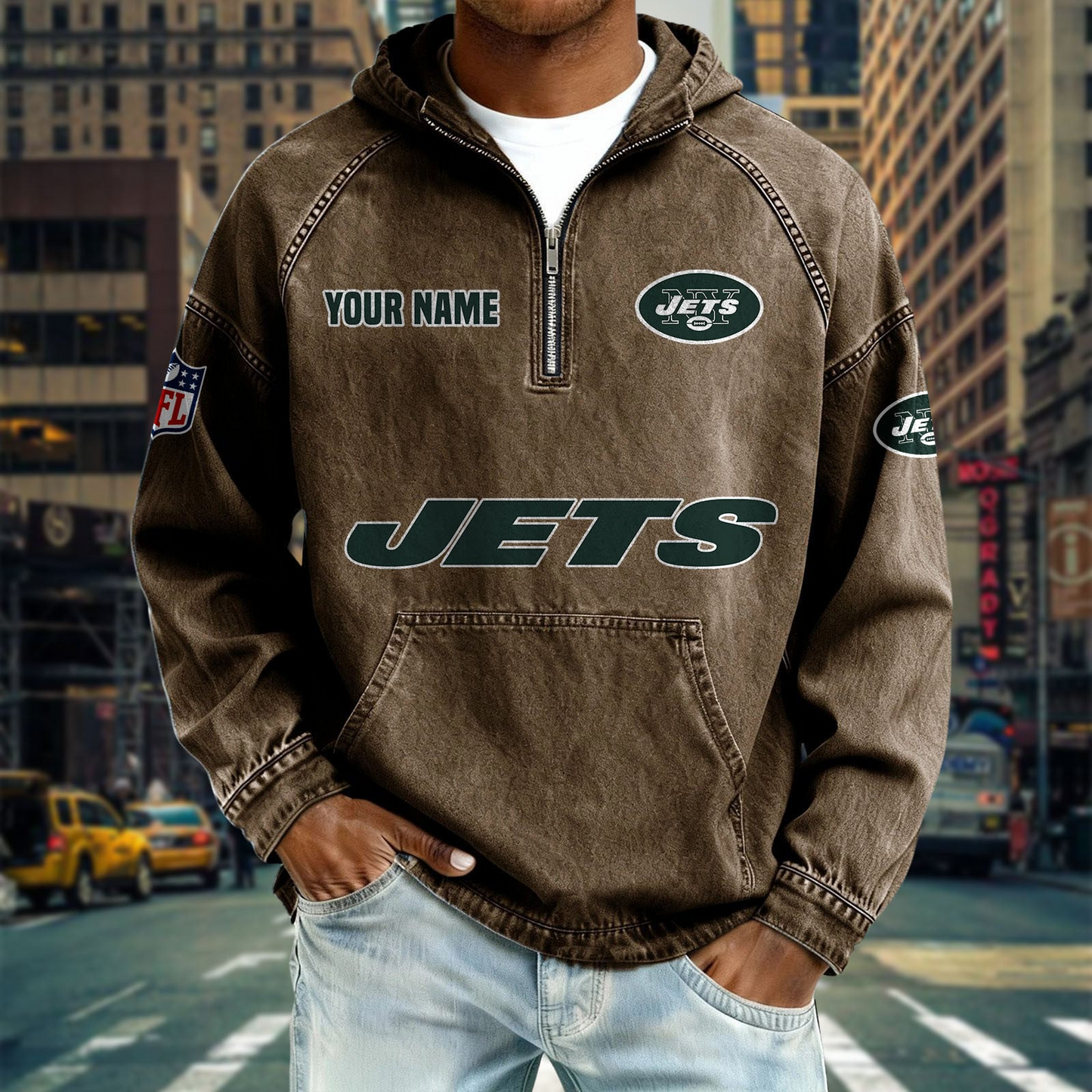 NYJ x NFL Denim Long - Sleeved Hooded Sweatshirt DDT NTL
