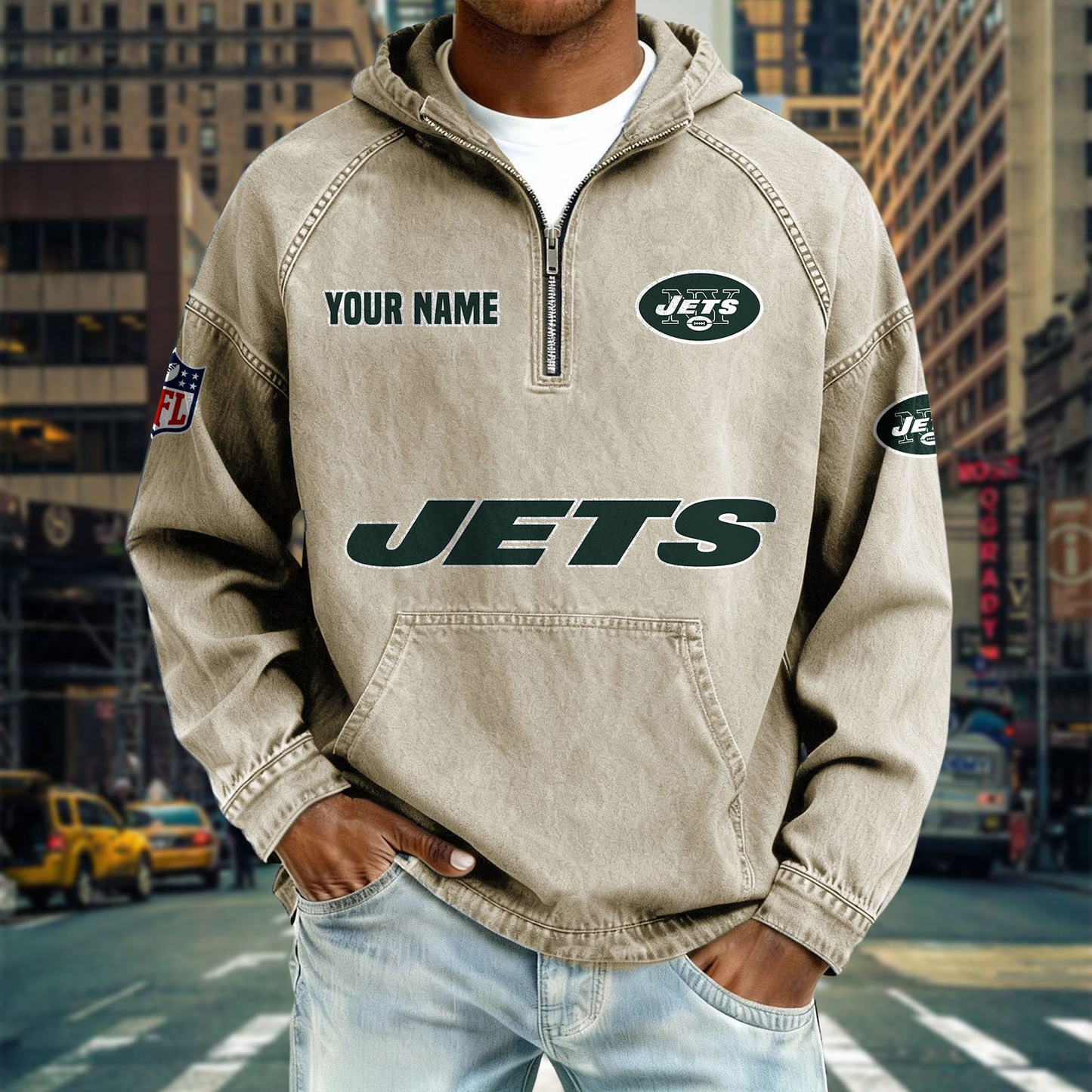 NYJ x NFL Denim Long - Sleeved Hooded Sweatshirt DDT NTL