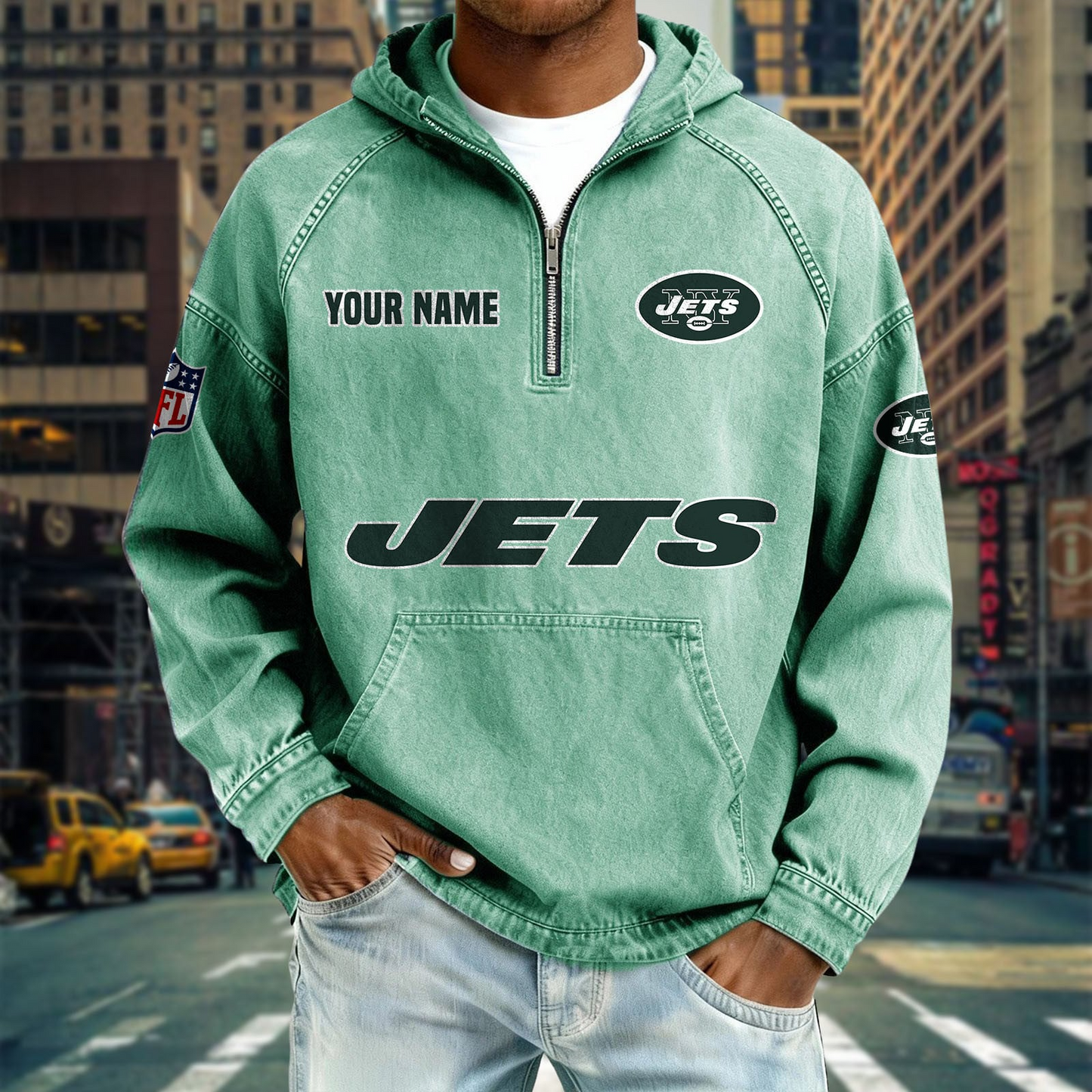 NYJ x NFL Denim Long - Sleeved Hooded Sweatshirt DDT NTL