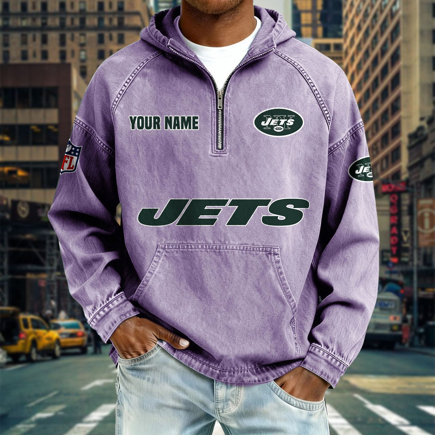NYJ x NFL Denim Long - Sleeved Hooded Sweatshirt DDT NTL