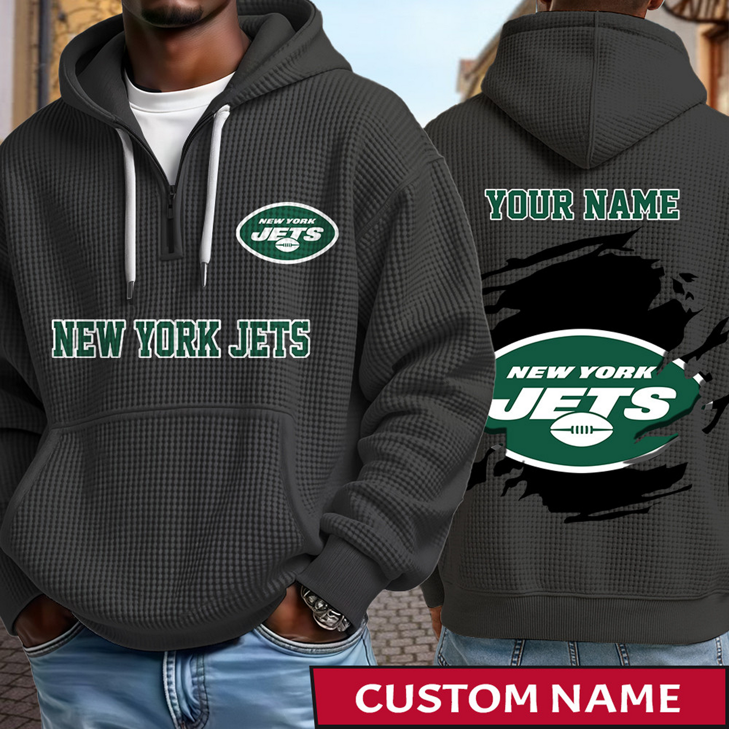 NYJ x NFL Waffle Half Zip Hoodie DATND TANTD