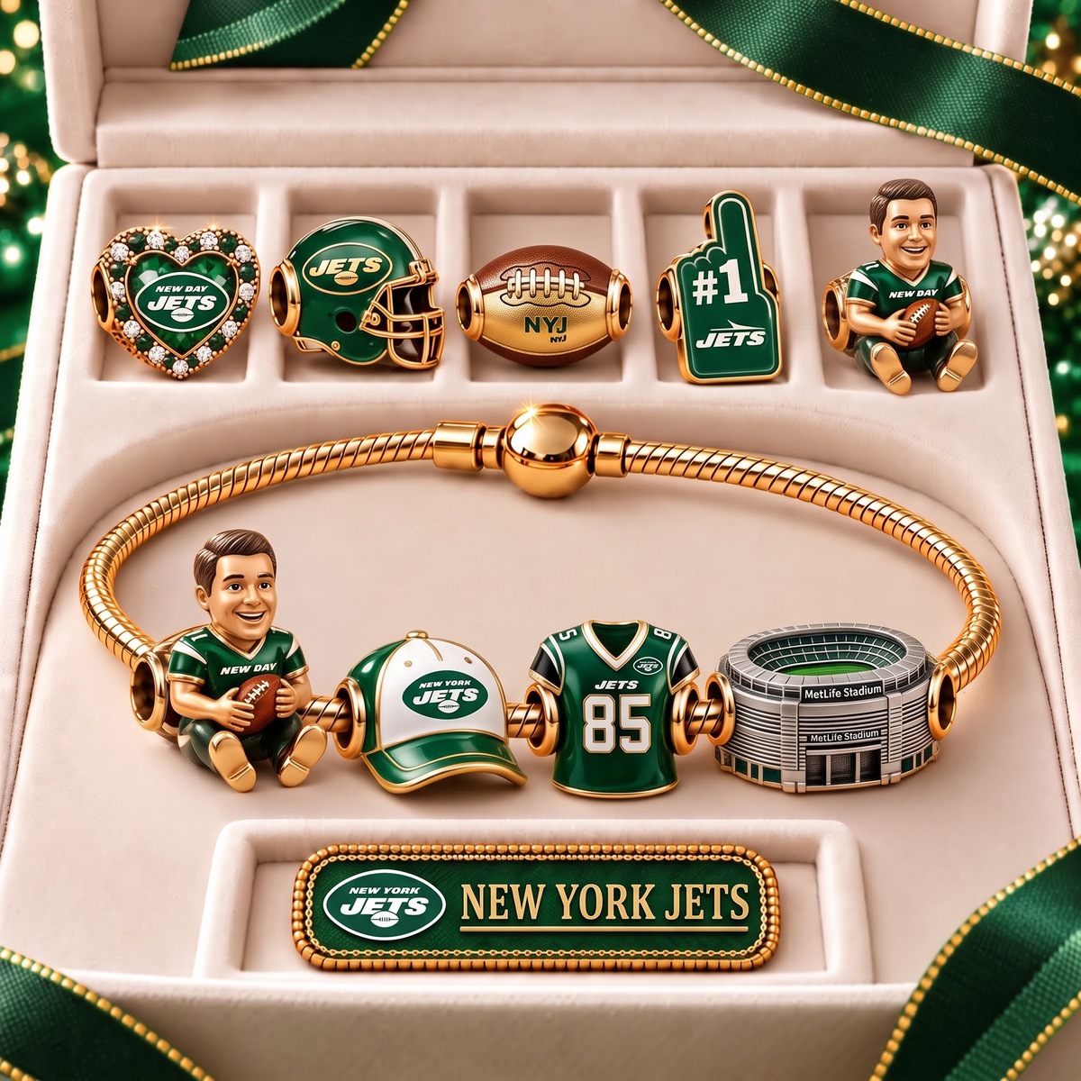 NYJ x Premium NFL Fan Charm Bracelet - Pandora Style Sports Charm Set