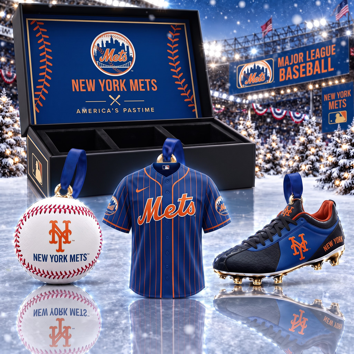NYM X MLB Holiday Collector Ornament Box - 3-Piece Baseball Ornament Set