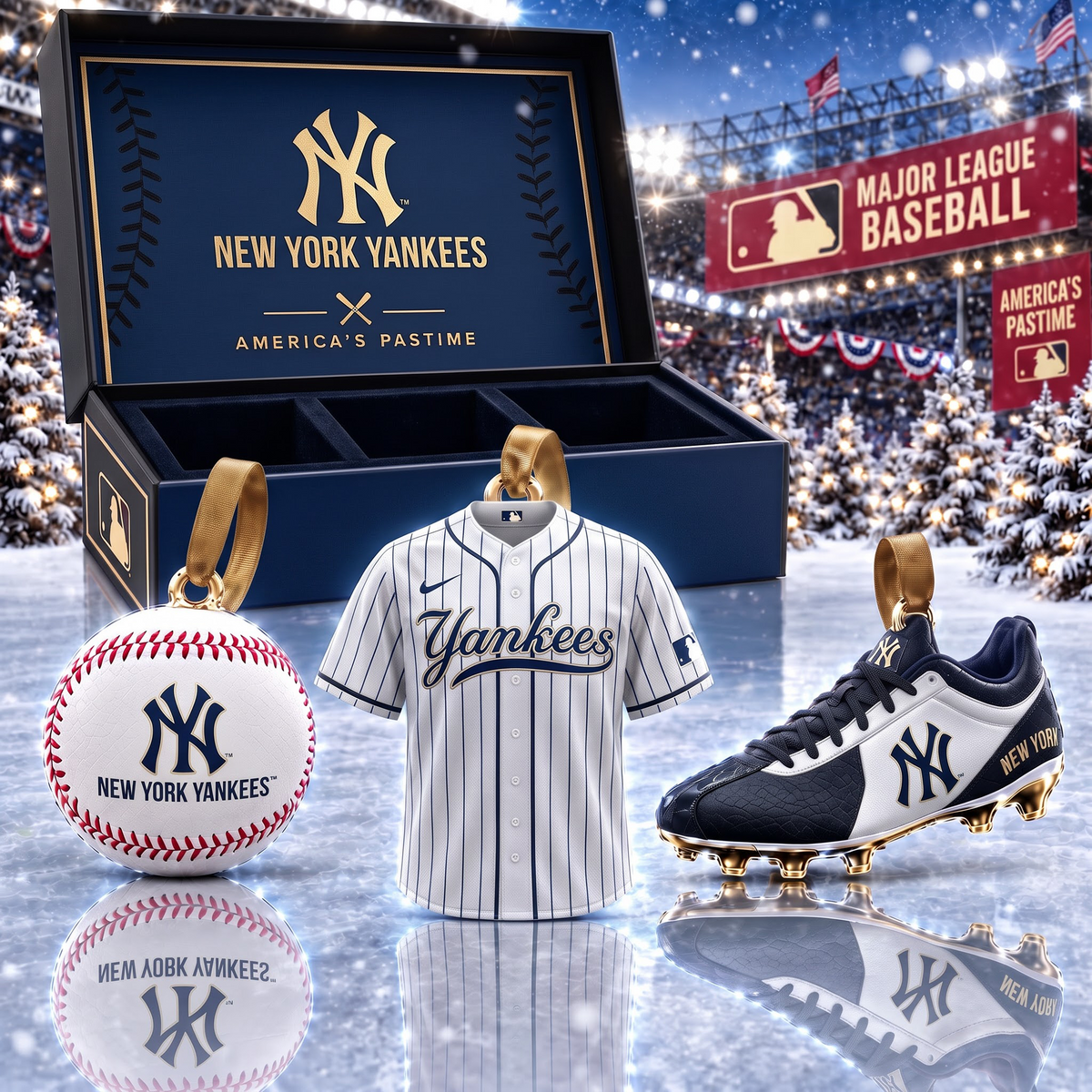 NYY X MLB Holiday Collector Ornament Box - 3-Piece Baseball Ornament Set