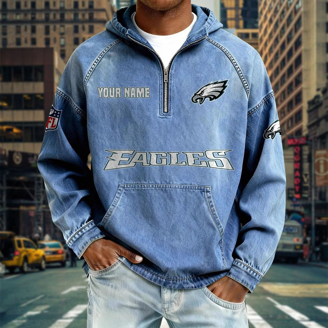 PE x NFL Denim Long - Sleeved Hooded Sweatshirt DDT NTL
