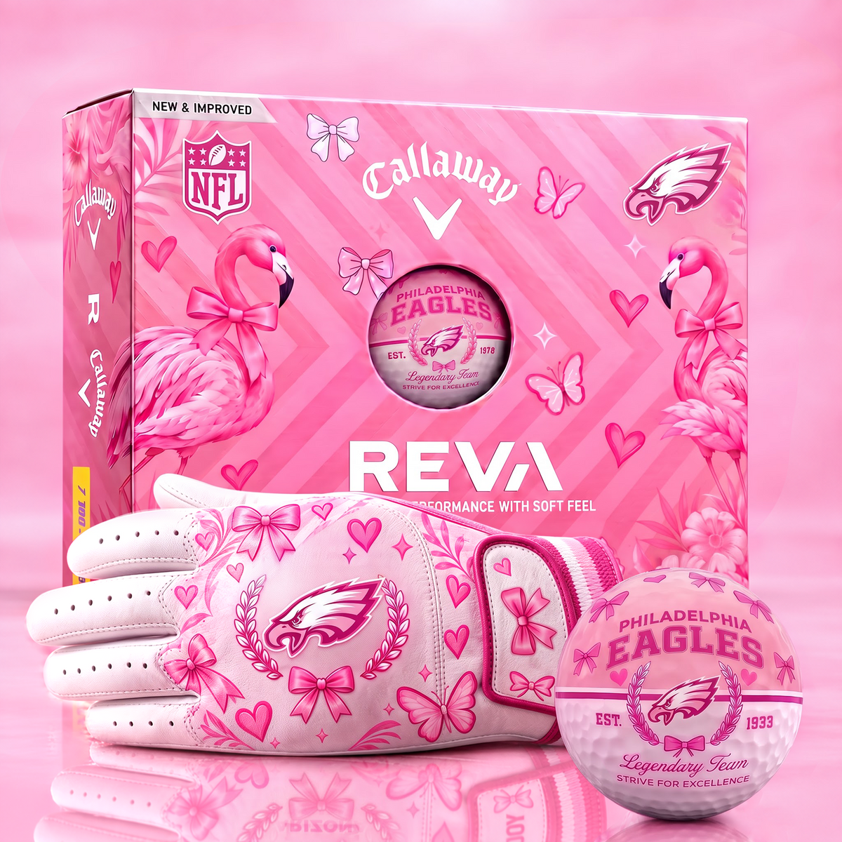 PE x NFL Pink Coquette Ladies Golf Balls & Glove Gift Box Set – Callaway REVA Edition