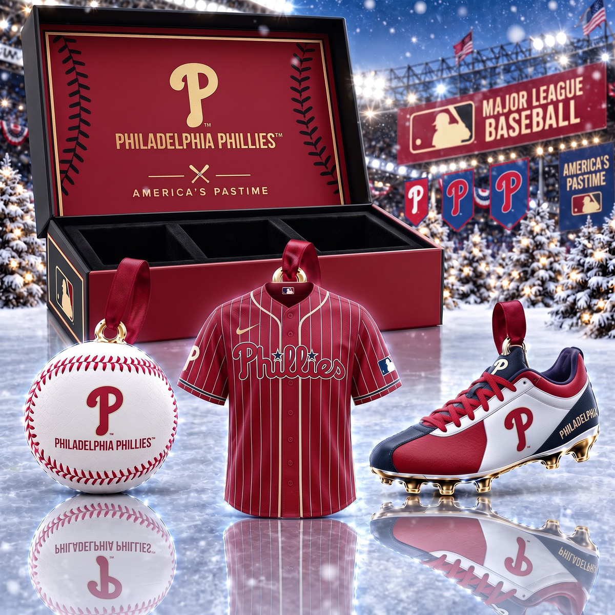 PHI X MLB Holiday Collector Ornament Box - 3-Piece Baseball Ornament Set