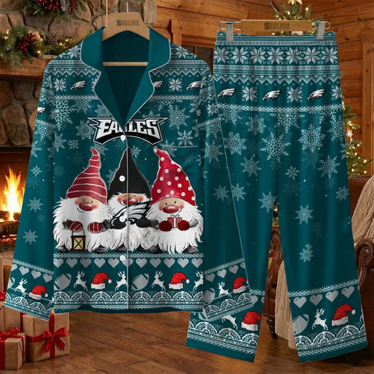 PHI X NFL Unique 3 Gnomes Art Design For The 2025 Holiday Season Satin Pajamas Set