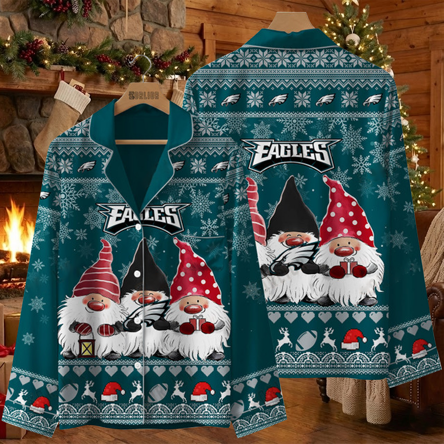 PHI X NFL Unique 3 Gnomes Art Design For The 2025 Holiday Season Satin Pajamas Set
