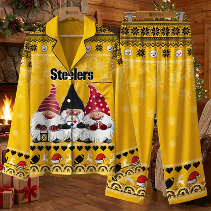 PIT X NFL Unique 3 Gnomes Art Design For The 2025 Holiday Season Satin Pajamas Set