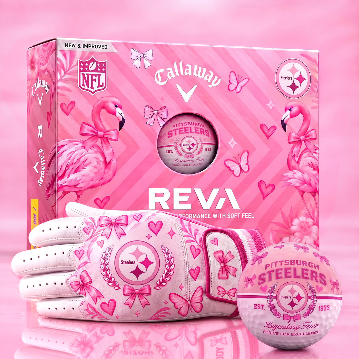 PS x NFL Pink Coquette Ladies Golf Balls & Glove Gift Box Set – Callaway REVA Edition