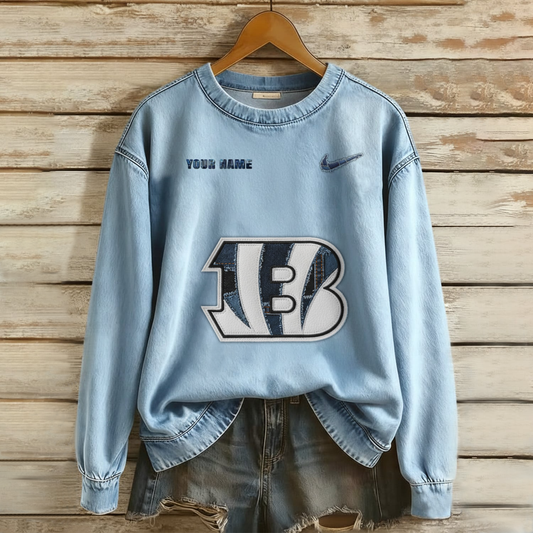 Personalized CIN x NFL Denim Patchwork Art Sweater DDT NTL