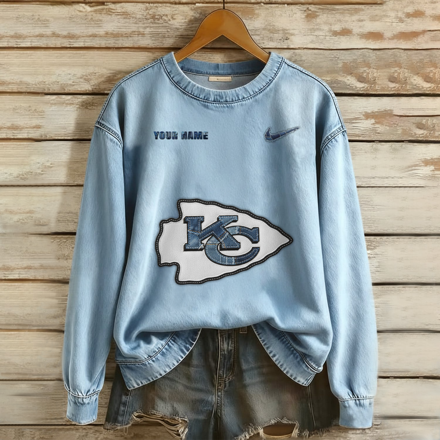 Personalized KCC x NFL Denim Patchwork Art Sweater DDT NTL