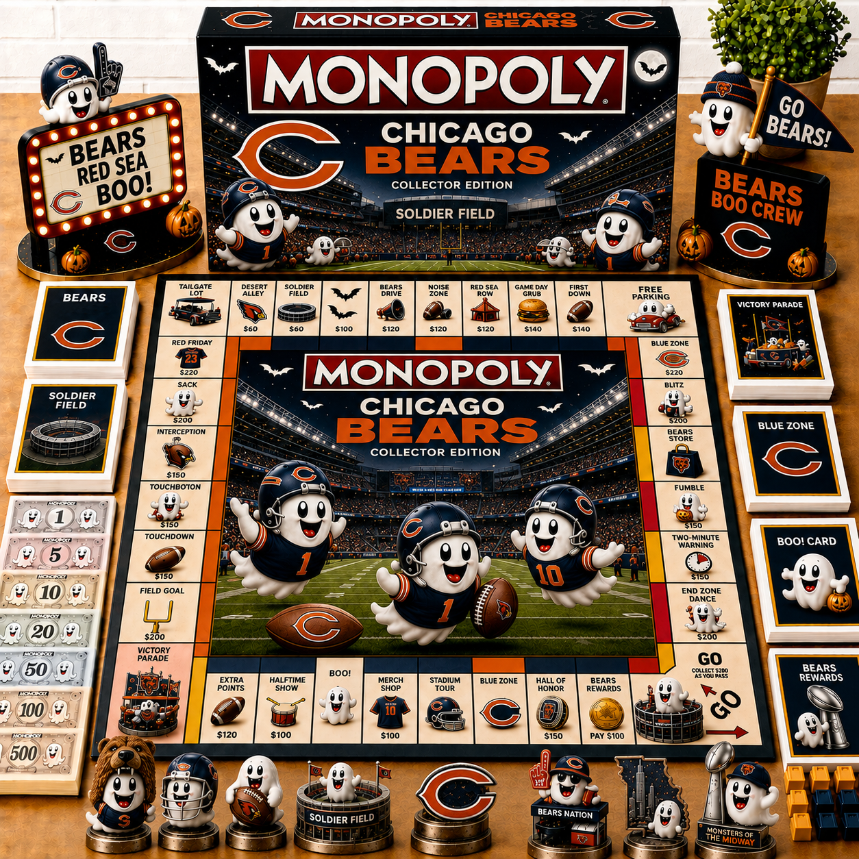 Premium NFL CHI Halloween Ghost Monopoly Collector’s Edition Board Game V6