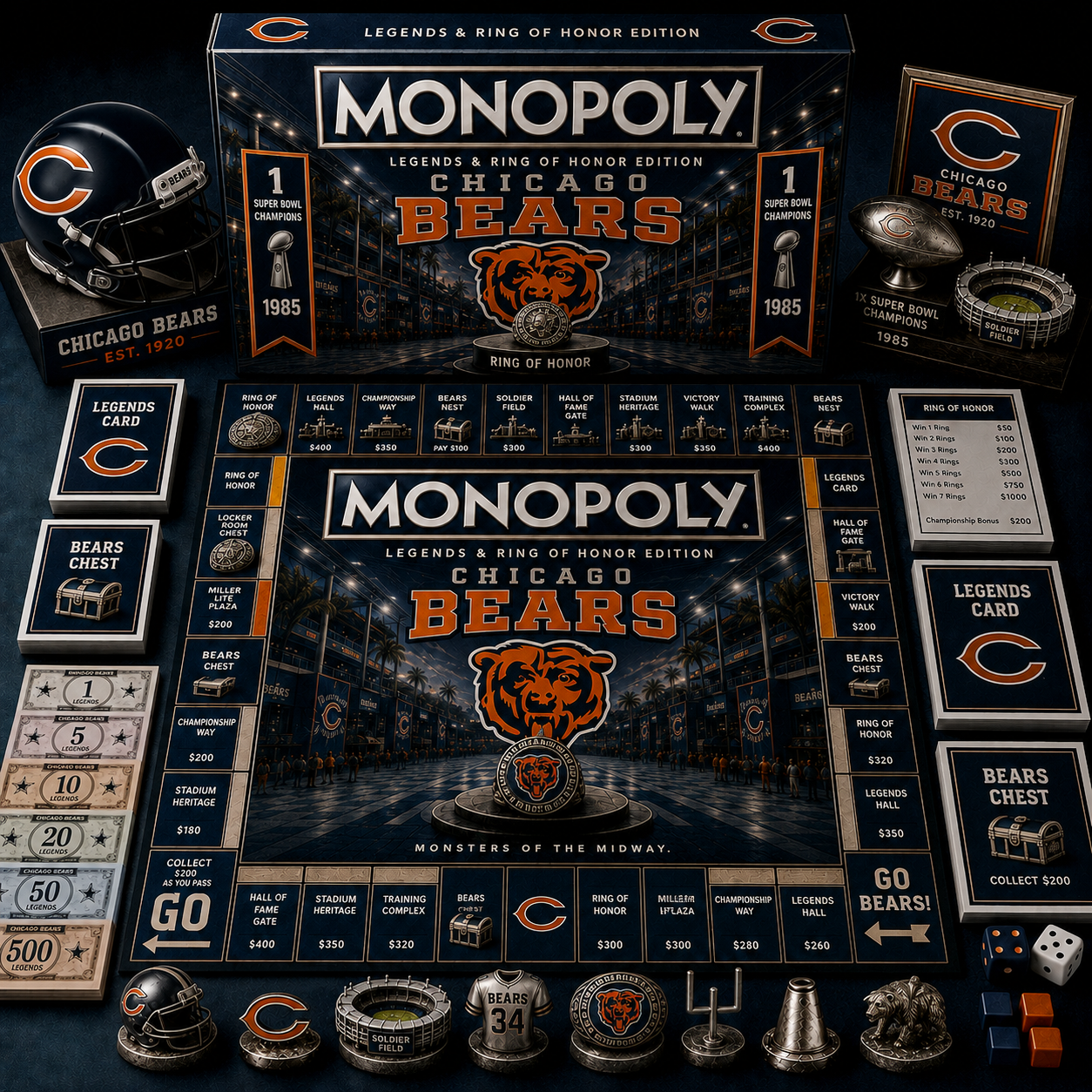 Premium NFL CHI Legends & Ring Monopoly Collector’s Edition Board Game V9