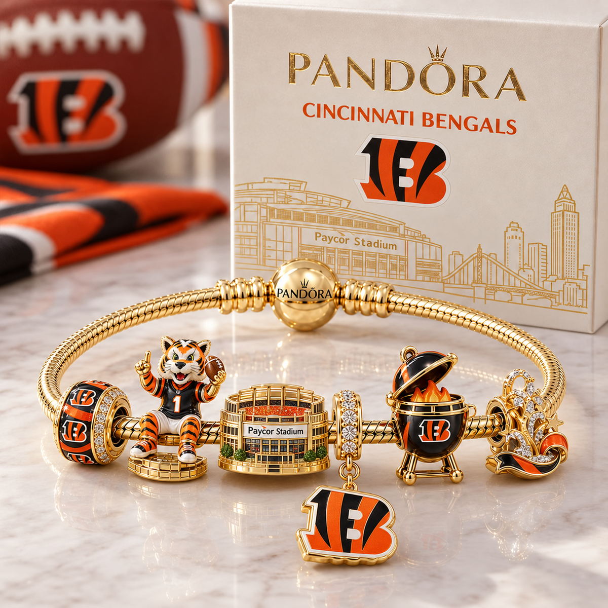 Premium NFL CIN Heritage Gold Charm Bracelet Set V3