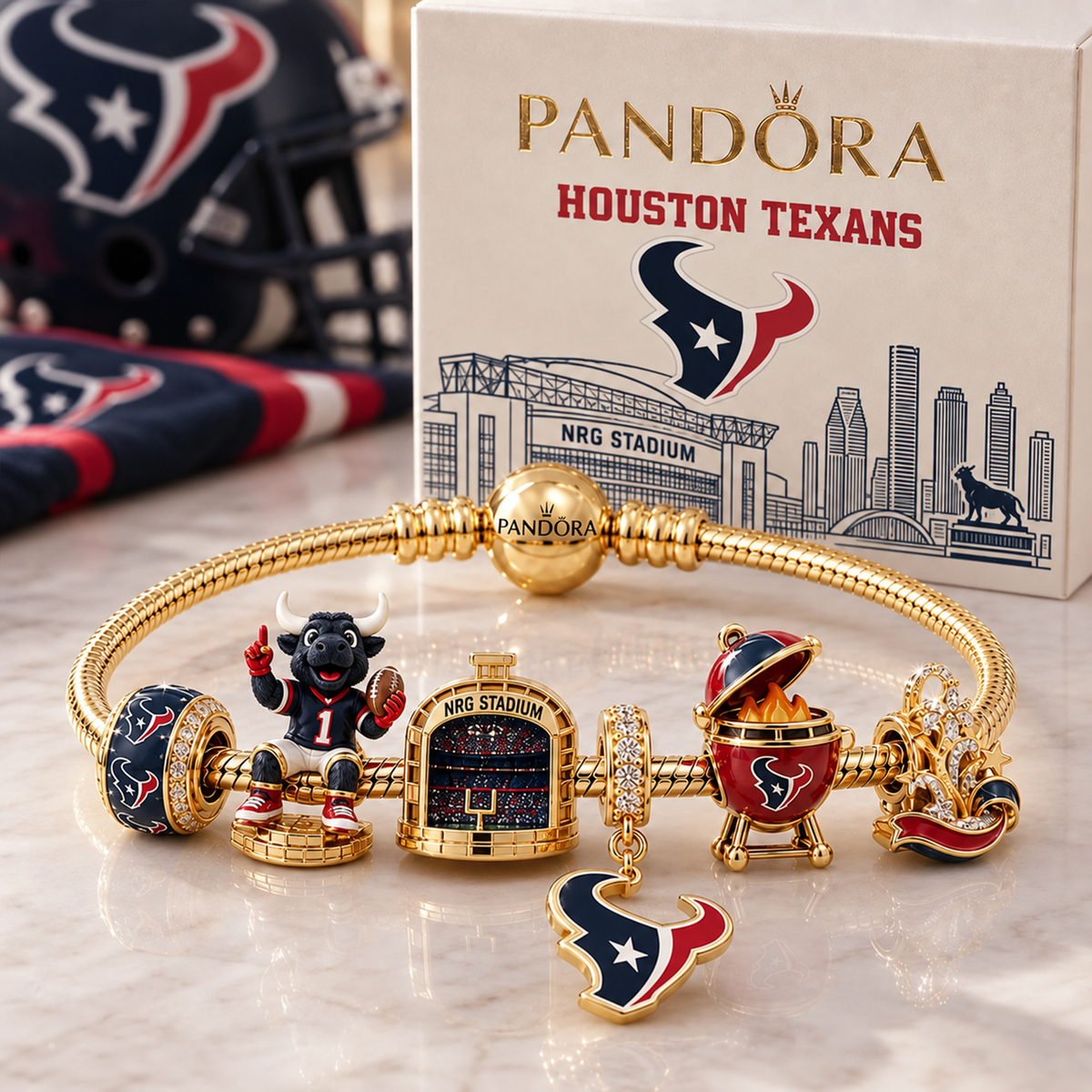 Premium NFL HOU Heritage Gold Charm Bracelet Set V3