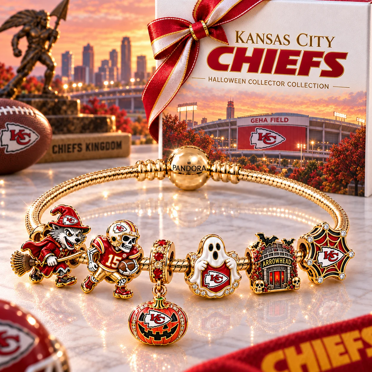 Premium NFL KCC Halloween Gold Charm Bracelet Set V4