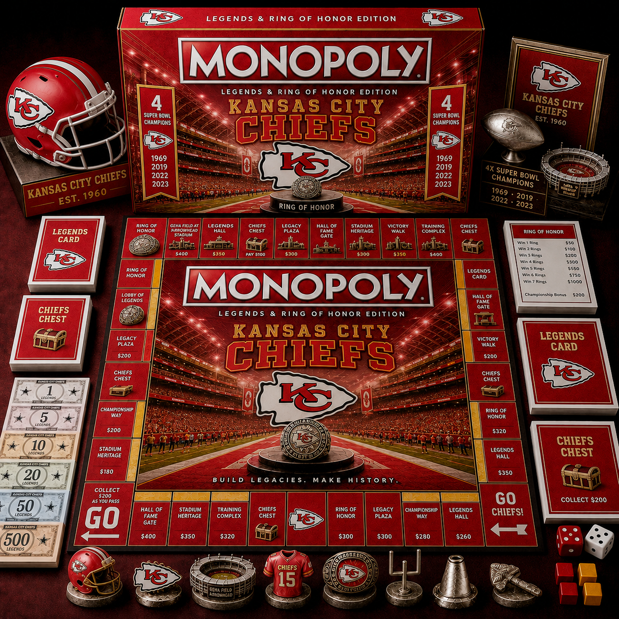 Premium NFL KCC Legends & Ring Monopoly Collector’s Edition Board Game V9
