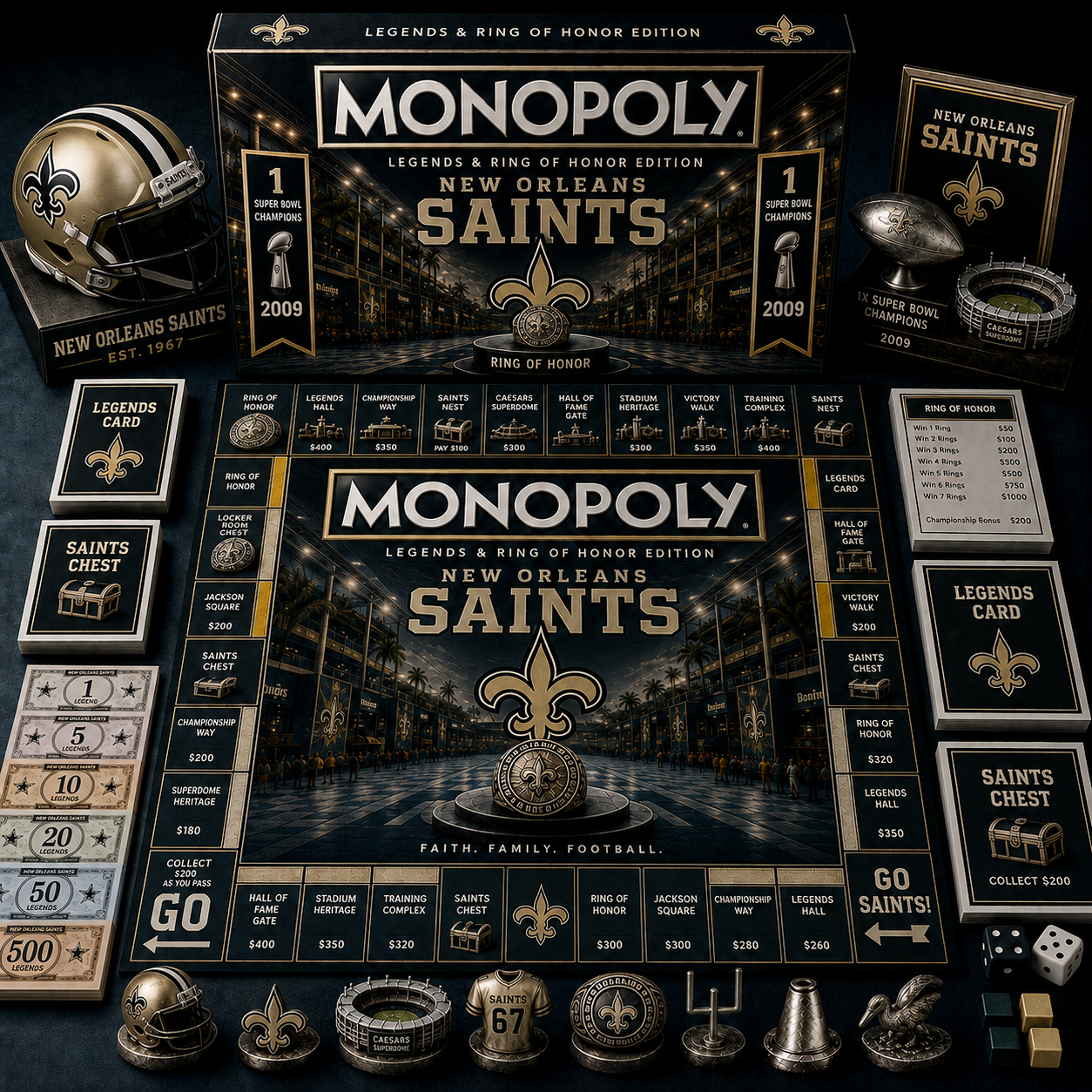 Premium NFL NOS Legends & Ring Monopoly Collector’s Edition Board Game V9