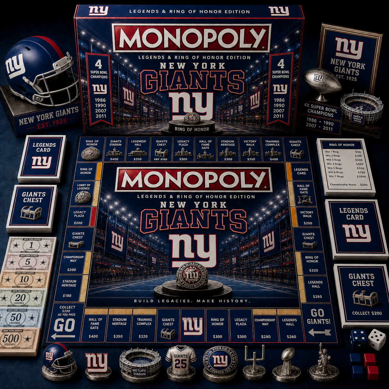 Premium NFL NYG Legends & Ring Monopoly Collector’s Edition Board Game V9