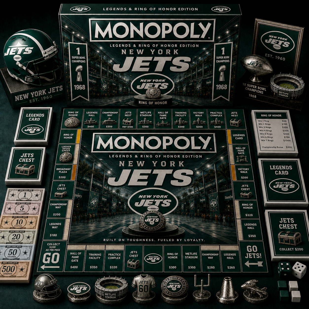 Premium NFL NYJ Legends & Ring Monopoly Collector’s Edition Board Game V9