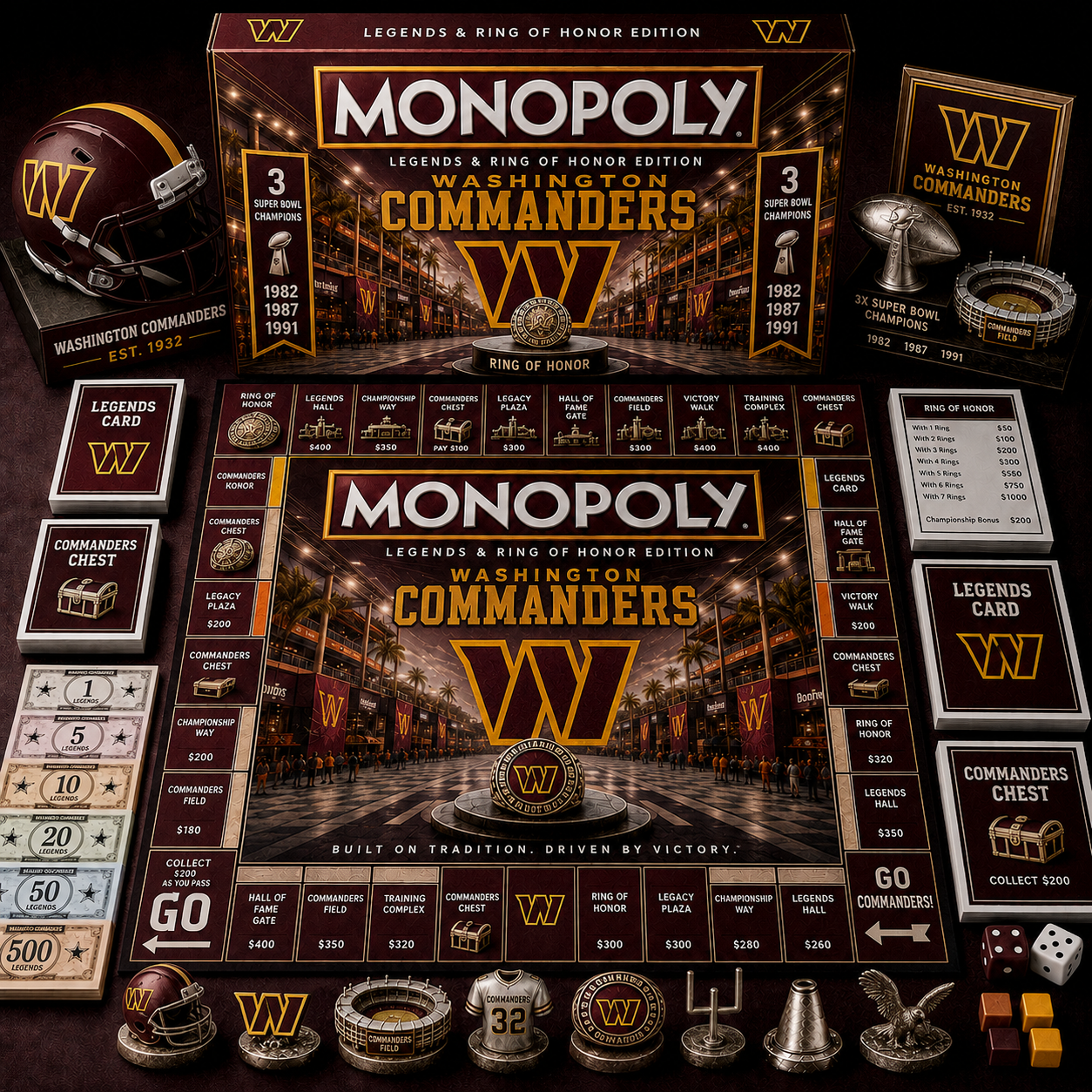 Premium NFL WC Legends & Ring Monopoly Collector’s Edition Board Game V9