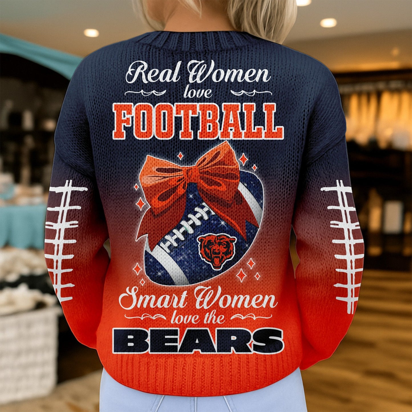 Premium NFL X CHI Smart Woman Love Football Cozy Split Knit Cardigan NDT NHM