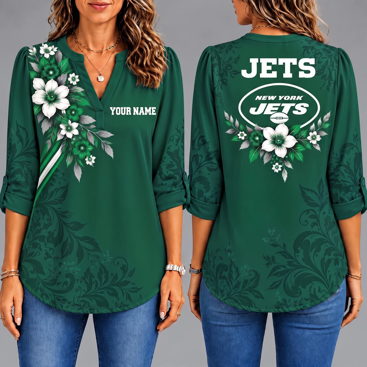 Premium NYJ x NFL Collegiate Floral Luxe Long Sleeve Collar