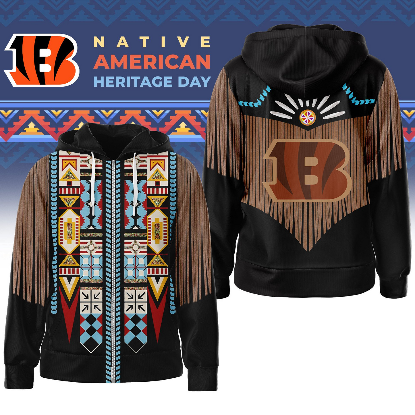 Premium NFL X CIN Native American Pattern 3D Zip Hoodie NDT TDT 221125