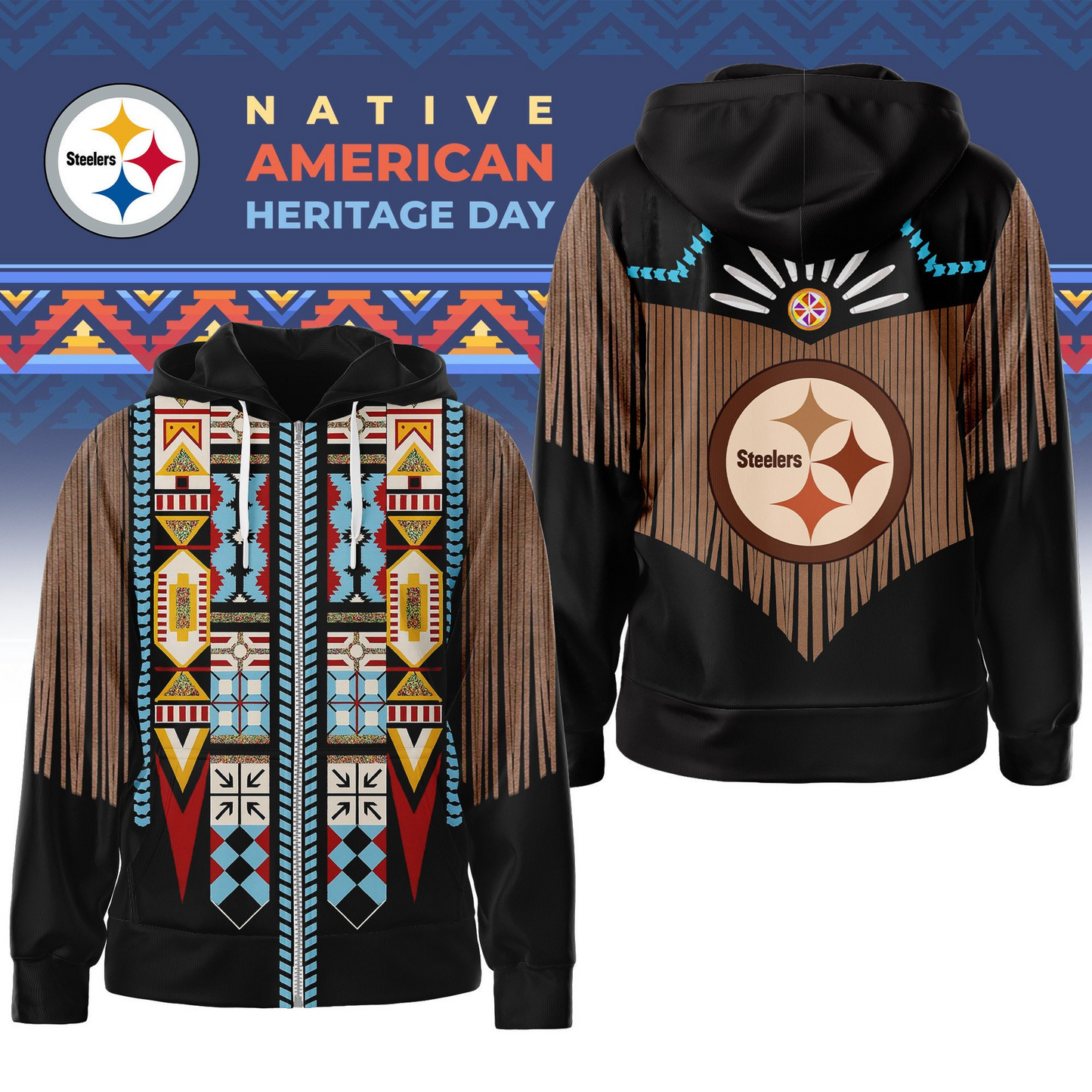 Premium NFL X PIT  Native American Pattern 3D Zip Hoodie NDT TDT 221125