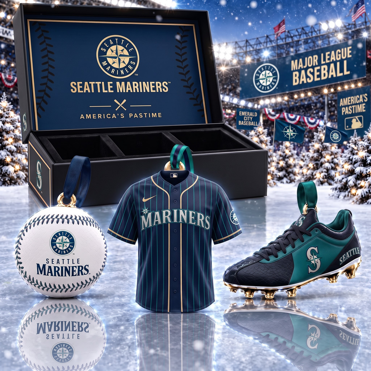 SEA X MLB Holiday Collector Ornament Box - 3-Piece Baseball Ornament Set