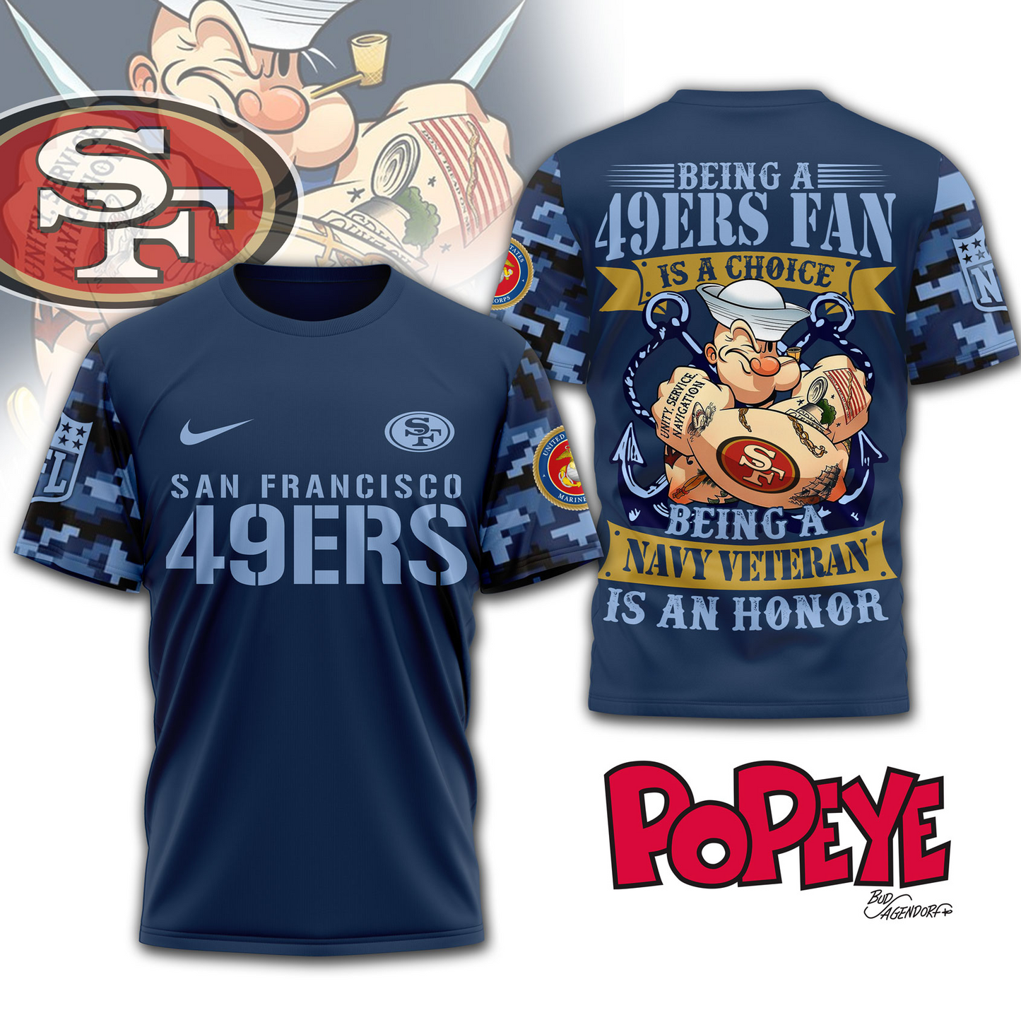 SF49 Premium NFL Navy Veteran Popeye 3D Shirt DDT CTND