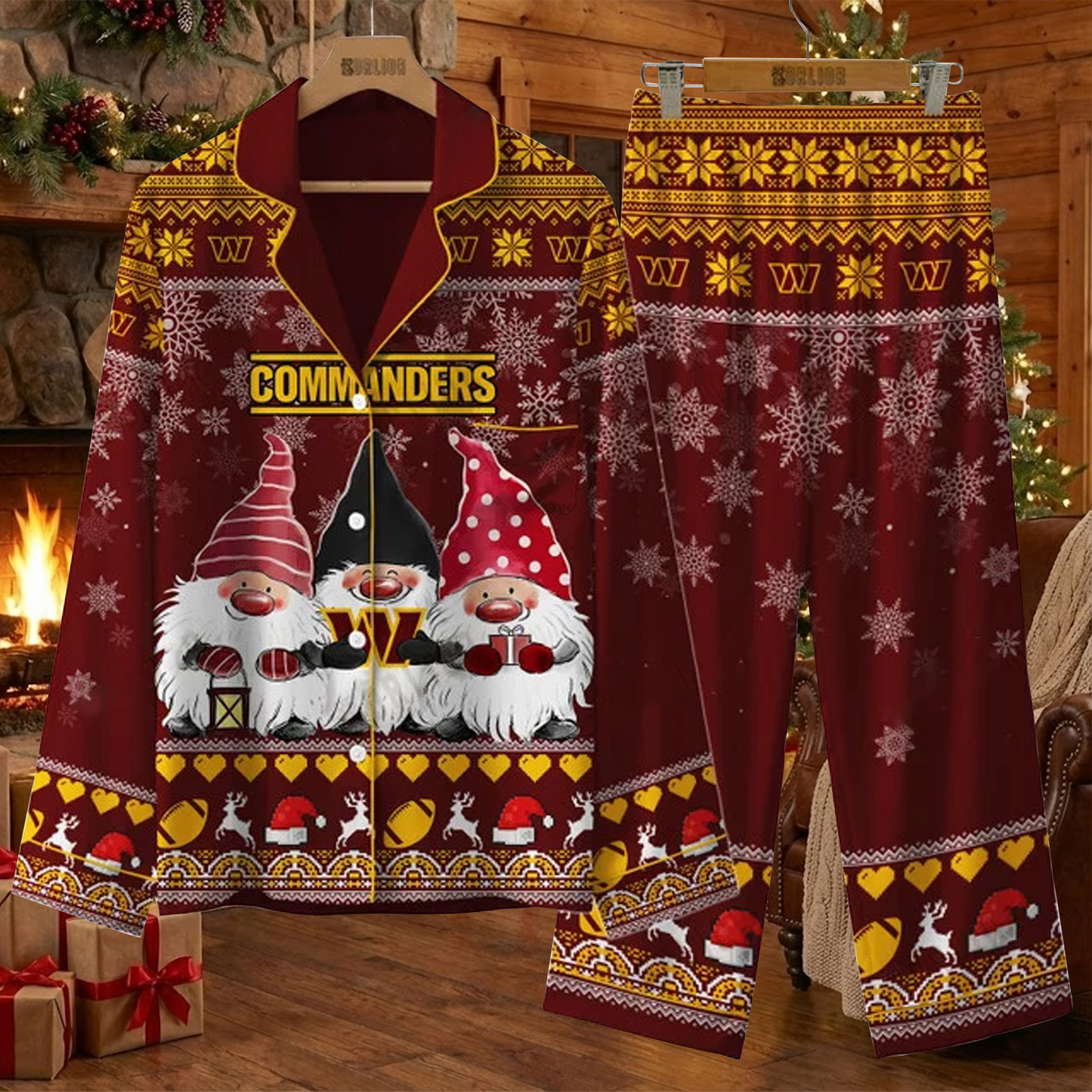 WAS X NFL Unique 3 Gnomes Art Design For The 2025 Holiday Season Satin Pajamas Set