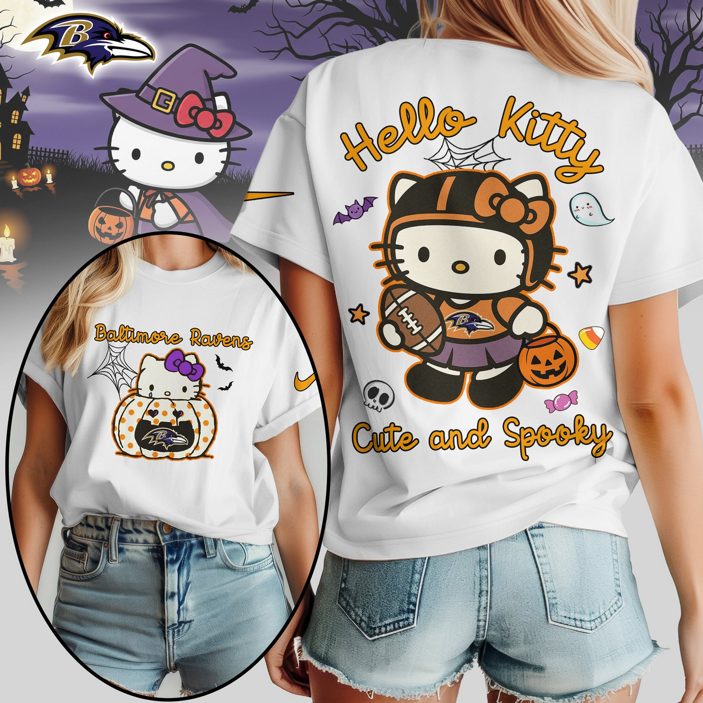 BR Premium NFL Hello Kitty Cute & Spooky Halloween Women Shirt DDT CTND