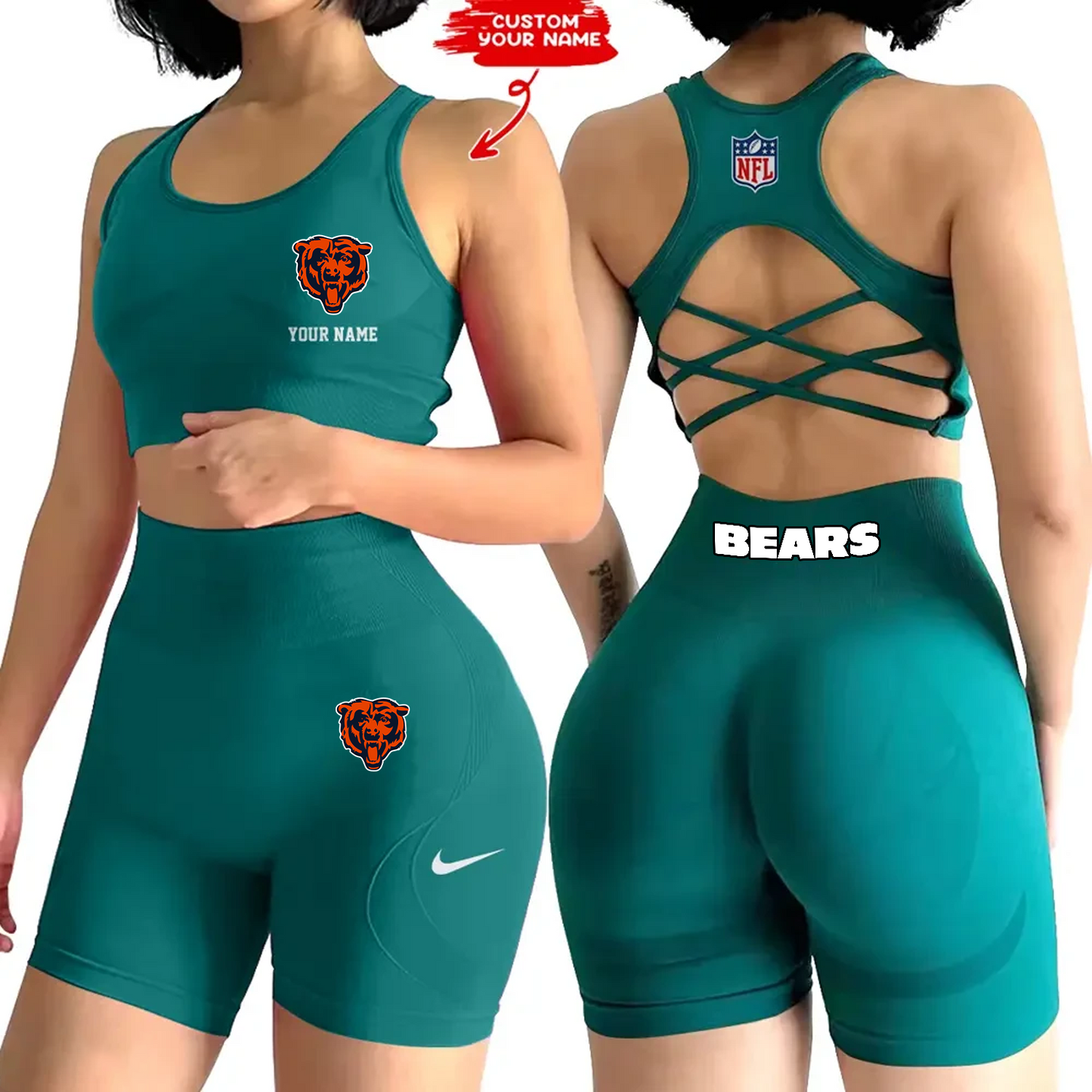CHI x NFL 2-PCS Women's Seamless Yoga Set Sexy Sport Bra High Waist Sports Shorts DATND TANTD