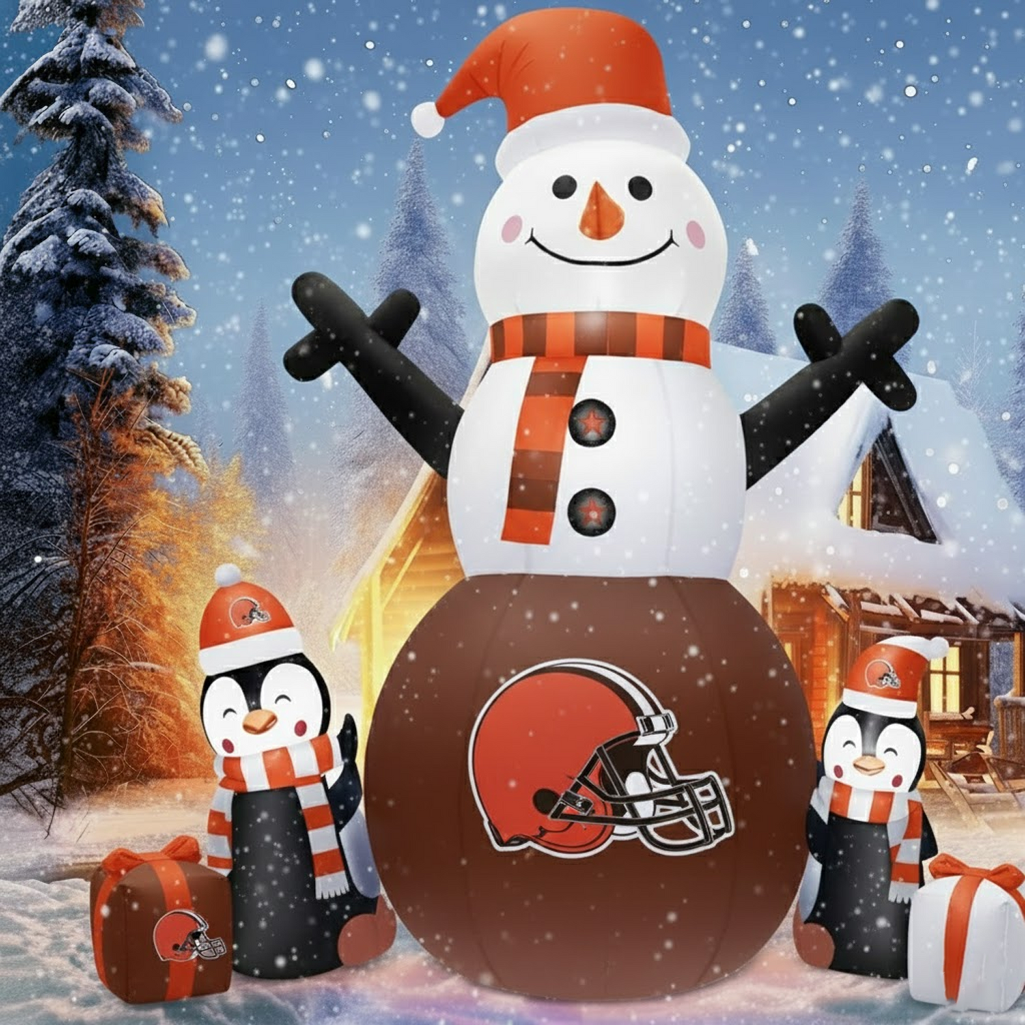 CLE X NFL Inflatable Snowman Decoration with Penguin Companions NAK NHT