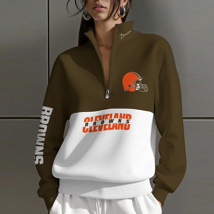 CLE X NFL Women Plain Color Zip Up Long Sleeve Sweatshirt NAK NHT