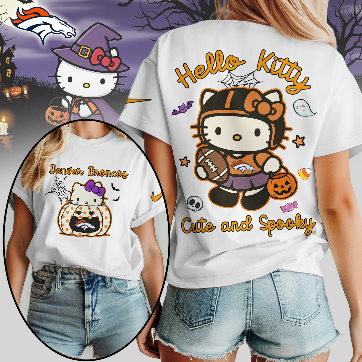 DB Premium NFL Hello Kitty Cute & Spooky Halloween Women Shirt DDT CTND