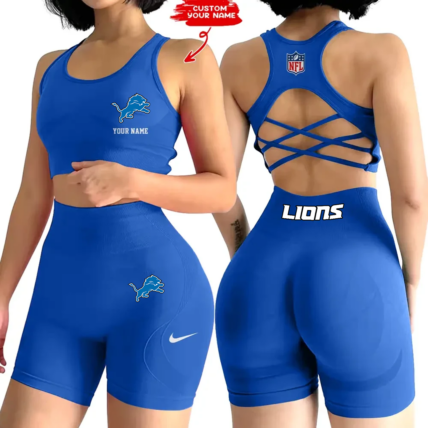 DET x NFL 2-PCS Women's Seamless Yoga Set Sexy Sport Bra High Waist Sports Shorts DATND TANTD