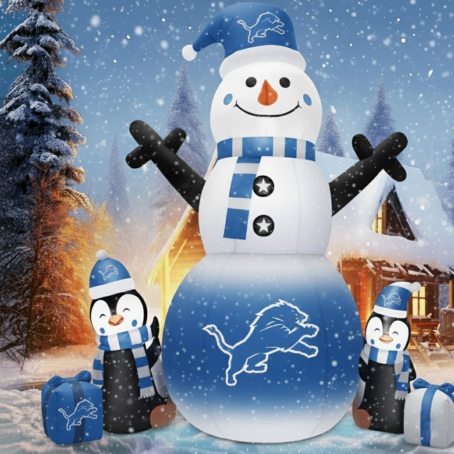 DET X NFL Inflatable Snowman Decoration with Penguin Companions NAK NHT
