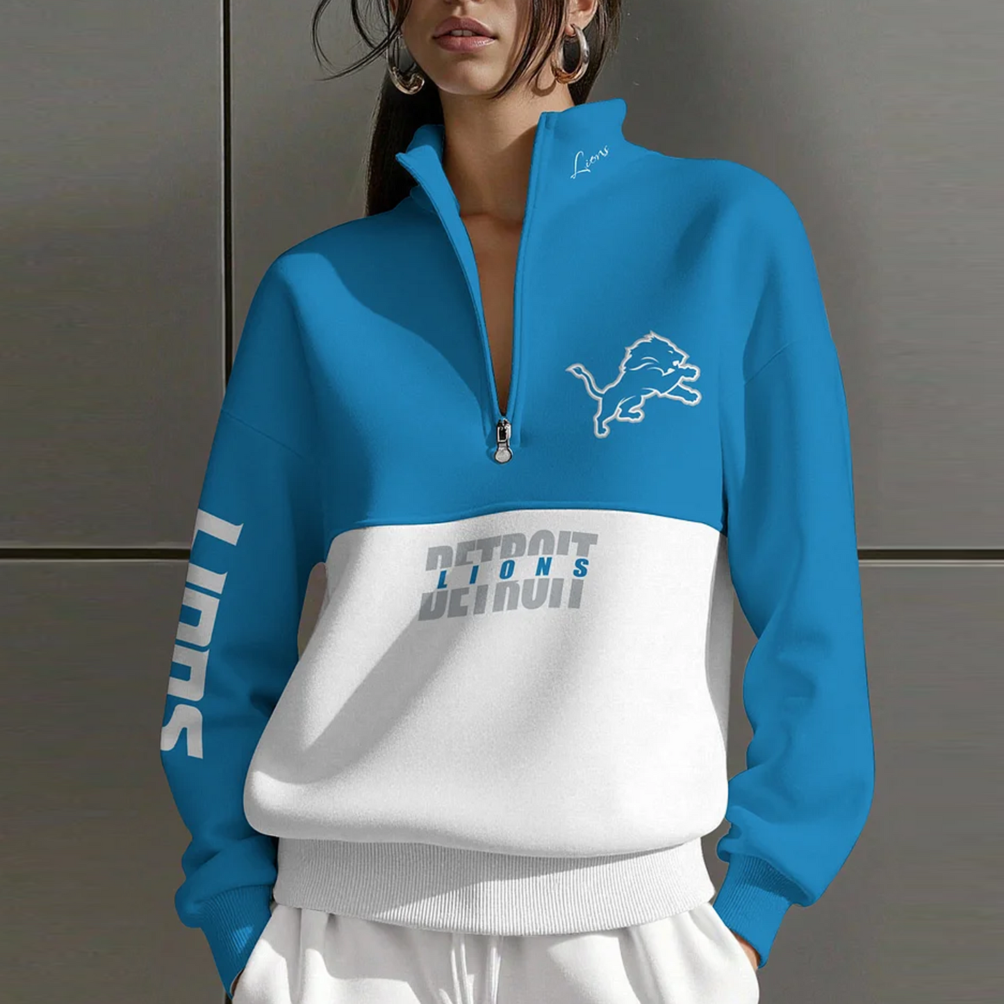 DET X NFL Women Plain Color Zip Up Long Sleeve Sweatshirt NAK NHT